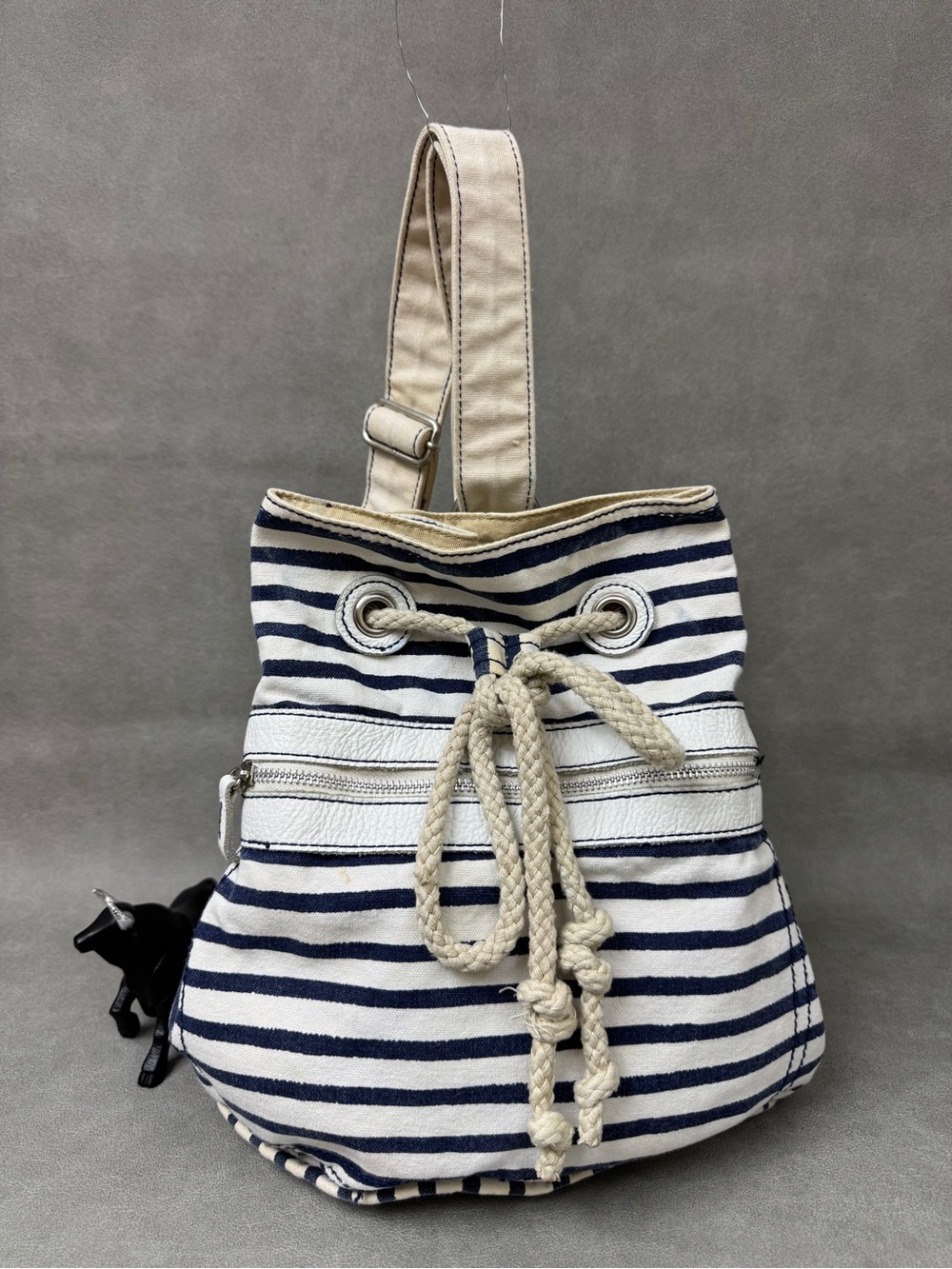 Striped Navy & Cream Rope-Drawstring Canvas Backpack